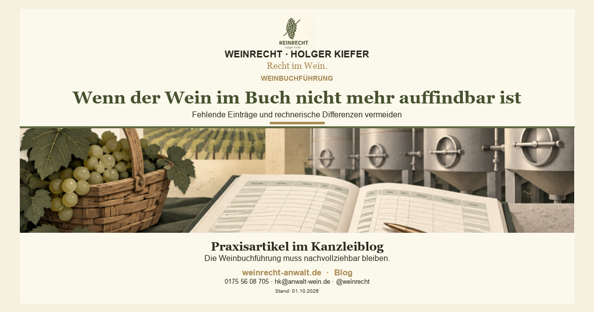 Weinbuchführung: offenes Weinbuch vor Kellertanks, Trauben und Stift