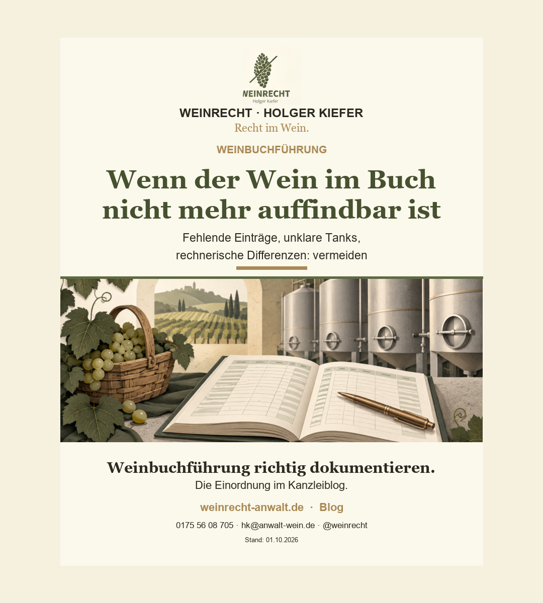 Weinbuchführung: offenes Weinbuch vor Kellertanks, Trauben und Stift
